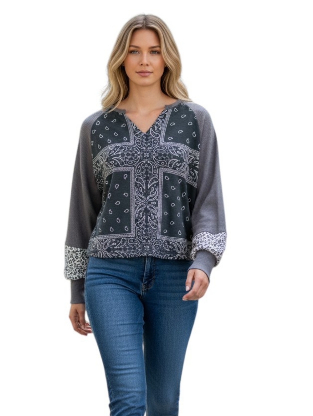 Grace & Emma Bandana Print Crop Top Gray Boho Western Pullover Long Sleeve Sz S